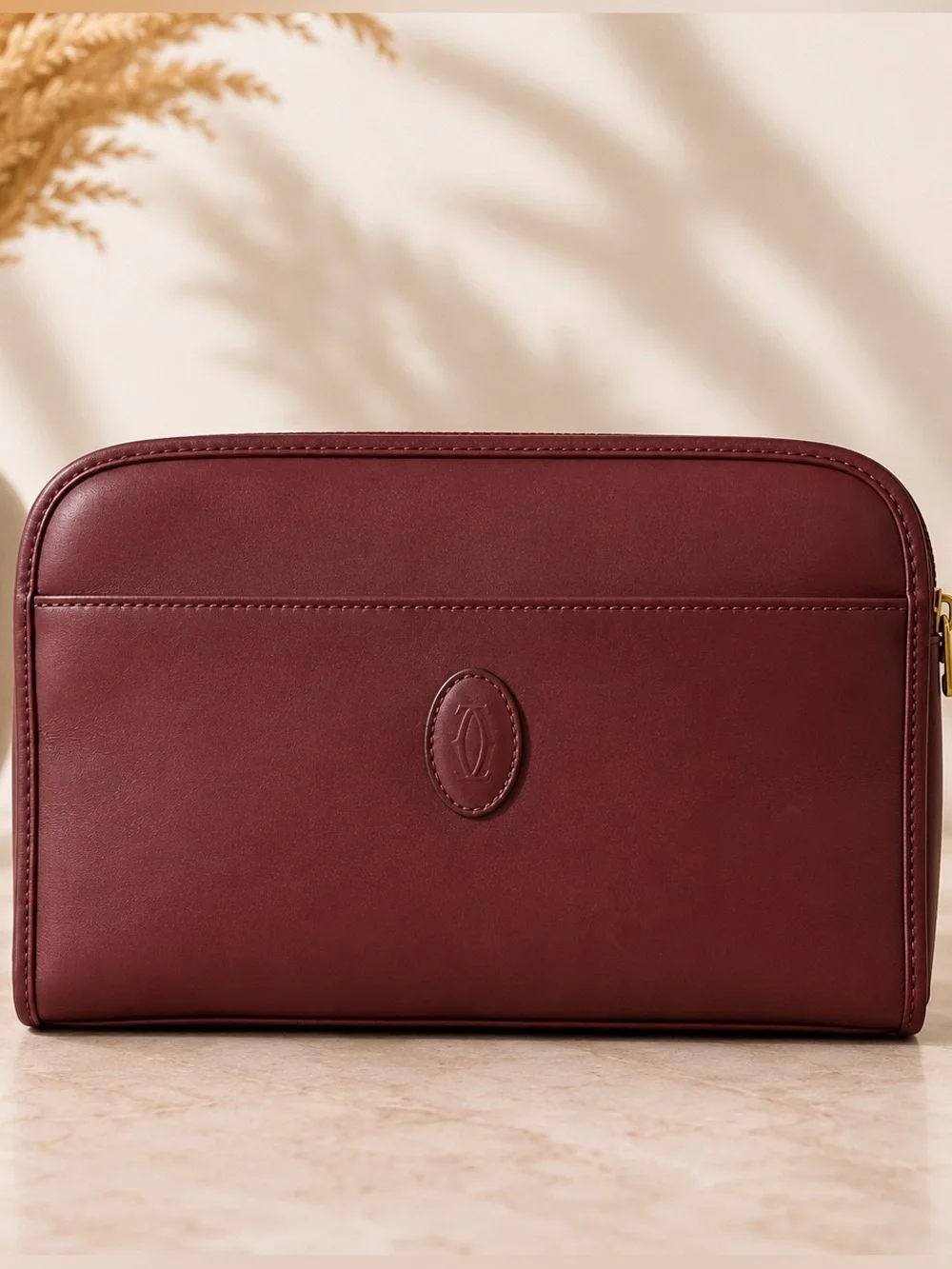 Must de Cartier Paris Burgundy Leather Cosmetics Bag Vintage Zip Travel Pouch - Picture 1 of 9